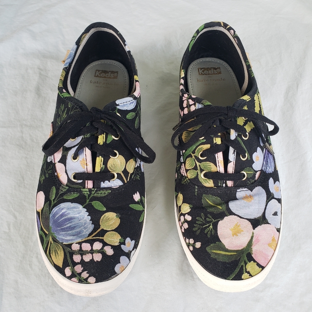 Keds X Rifle Paper Champion 10 WIDE Black Botanical Floral with Blue